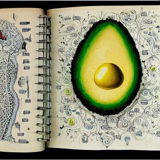 Prompt: a page from codex seraphinianus of blueprint of merging of emma watson with avocado