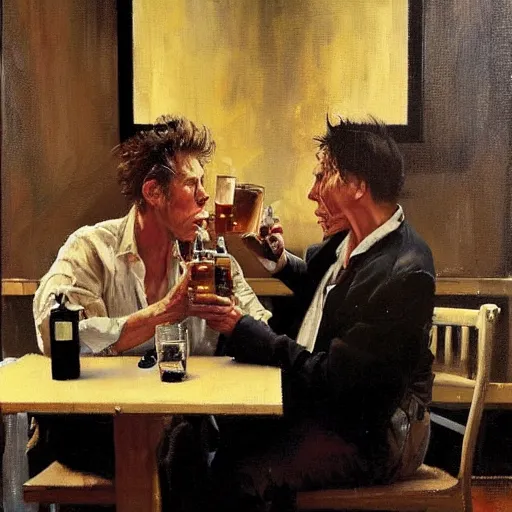 Image similar to Tom Waits and Iggy Pop drinking in a pub, oil painting by Phil Hale Jeremy Lipking norman rockwell