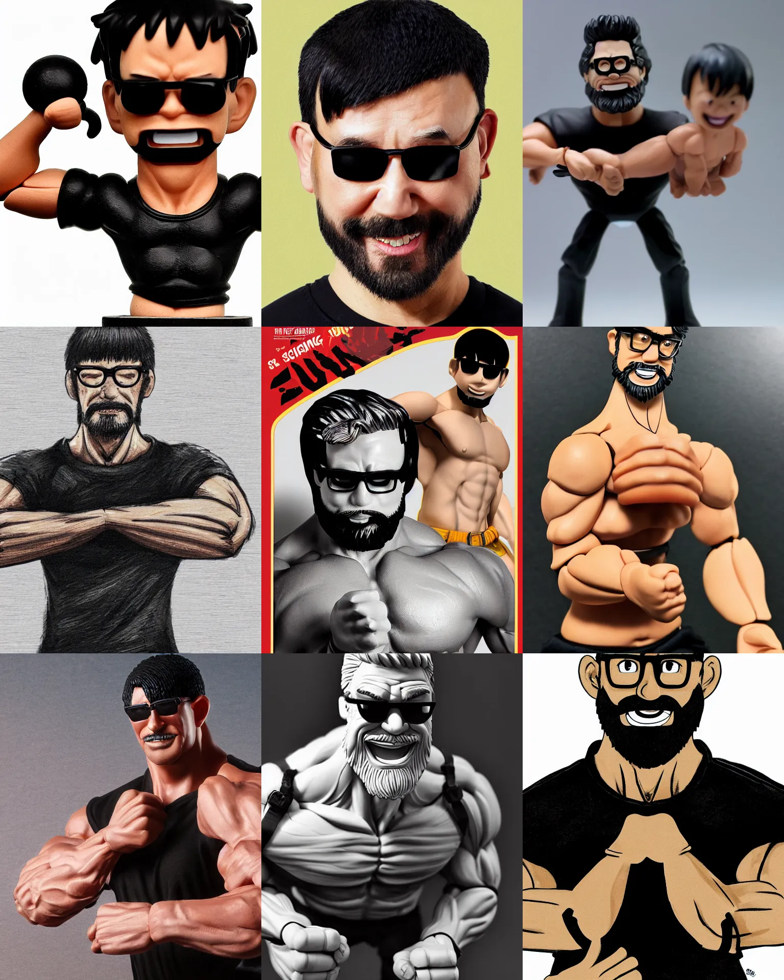 Prompt: plastic action figure of a buff smiling man doing push ups, long stubble beard, muscular neck, rectangular shaped glasses and a black bowl cut, wearing a black tshirt, dramatic light, blur, out - of - focus background, by kim jung gi, ric estrada, ron english and eiichiro oda