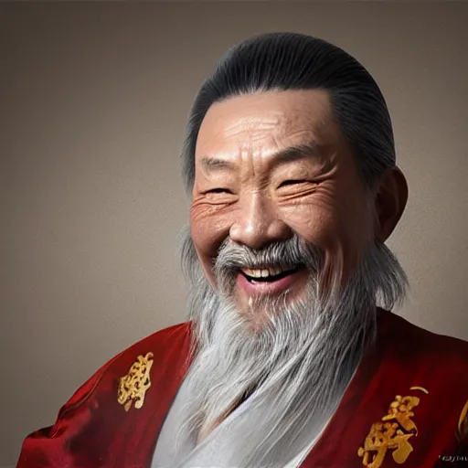 Image similar to portrait painting of a 6 0 year old kind smile handsome chinese taoist priest, like liangchao wei, silver ponytail hair, amiable by wenjun lin, irakli nadar, bright colors, octopath traveler, wenjun lin, unreal engine 5 highly rendered, global illumination, radiant light, detailed and intricate environment