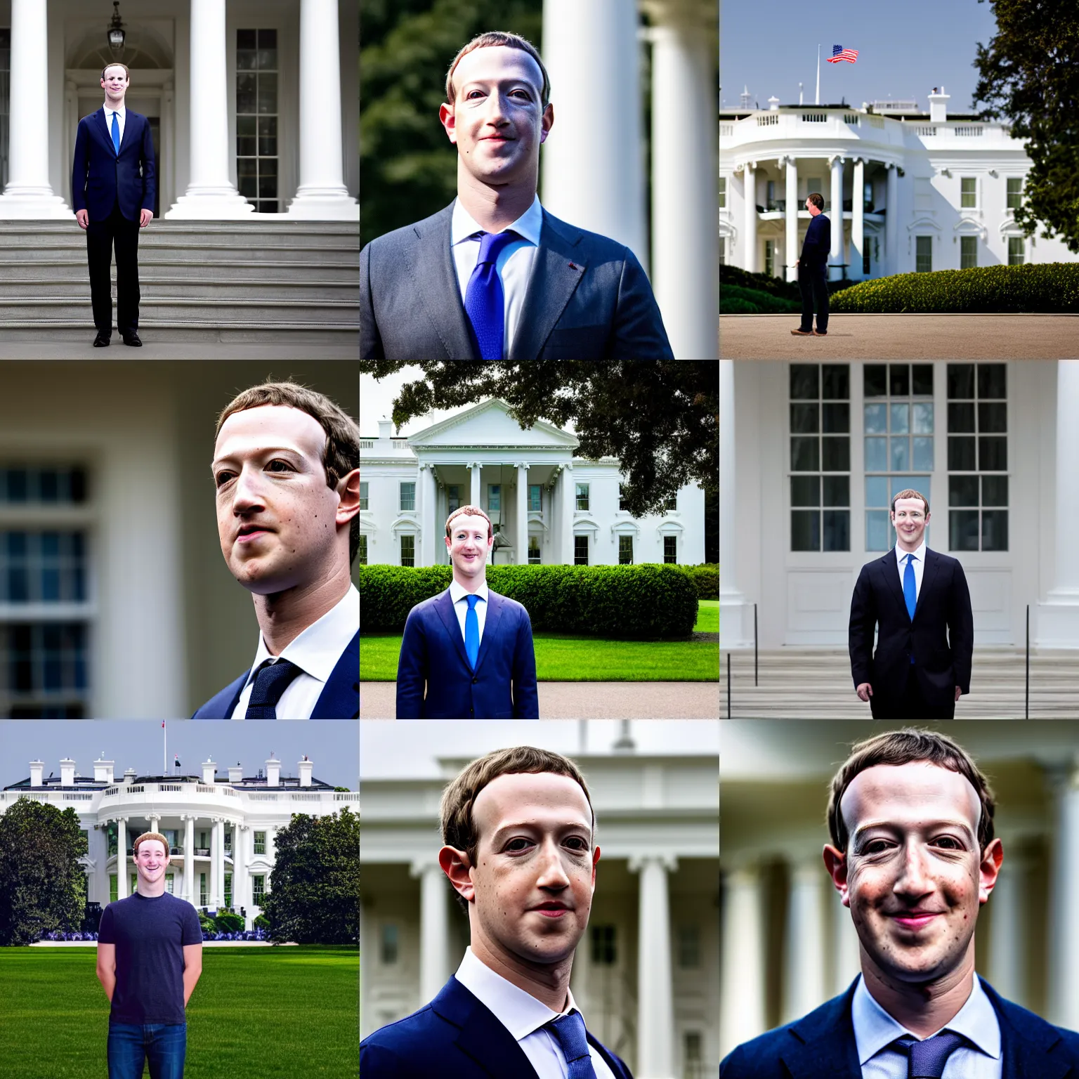 Prompt: headshot of Mark Zuckerberg the president of the united states standing in front of the white house, EOS-1D, f/1.4, ISO 200, 1/160s, 8K, RAW, unedited, symmetrical balance, in-frame, Photoshop, Nvidia, Topaz AI