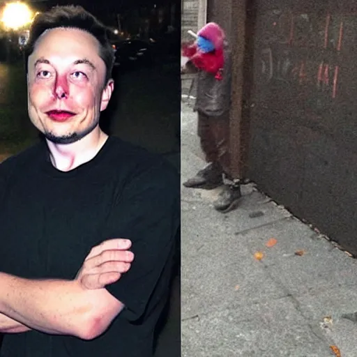 Image similar to elon musk as a homeless man using crack in the middle of the manhattan sidewalks, low quality, camera flash is so bright, viral, selfie, viral on twitter, viral on instagram, viral photo