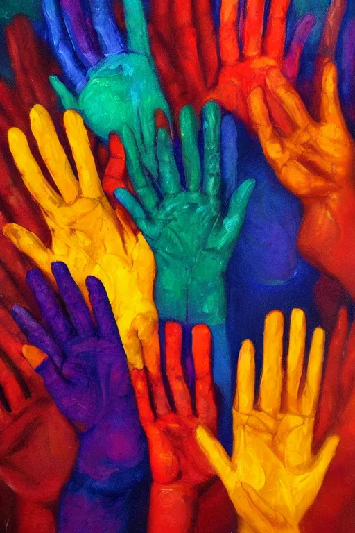 Prompt: An oil painting of many colored hands from before reaches above for a blaze for all from ritikiyu ninomi