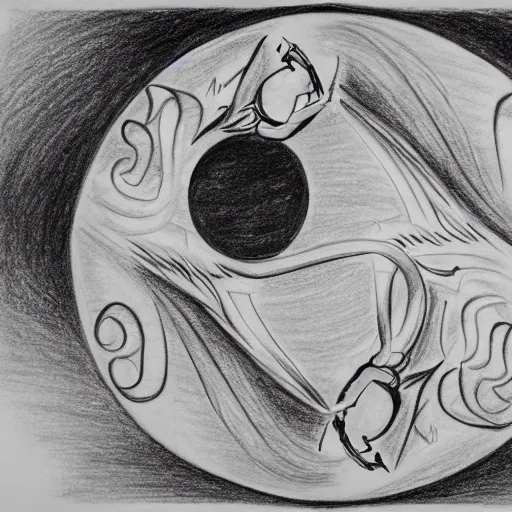 Image similar to a drawing of a woman giving birth to emercging yin - yang daoist symbol, black and white detailed pencil drawing dao