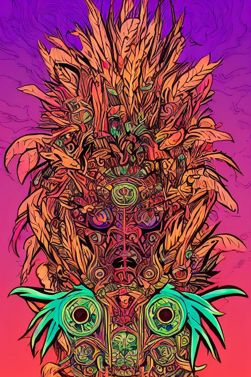 Image similar to animal mask totem roots flower tribal feather gemstone plant wood rock shaman vodoo video game vector cutout illustration vivid multicolor borderlands comics by josan gonzales and dan mumford radiating a glowing aura