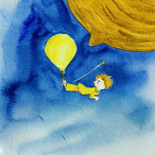 Image similar to the little prince on a little planet floating in space, original watercolors by exupery
