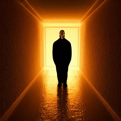 Image similar to man in a luminous yellow [ liminal space ]!!, 4 k photorealism, horror - esque, eerie atmosphere, dark - bright lighting