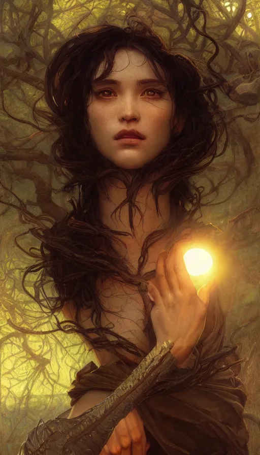 Image similar to epic masterpiece fire, sweaty skin, hyperrealistic, octane render, cinematic, night, moon, beautiful face and flawless skin, perfect hands, 5 fingers, emerald by Edgar Maxence and Ross Tran and Michael Whelan, Lorenzo Sperlonga Legends of Runeterra