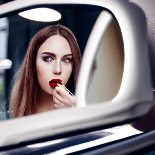 Image similar to a close - up of young woman looking in rear view mirror doing makeup, applying lipstick, photorealistic, hyperrealism, high resolution, ultra - detailed, k 4, kodak portra 4 0 0