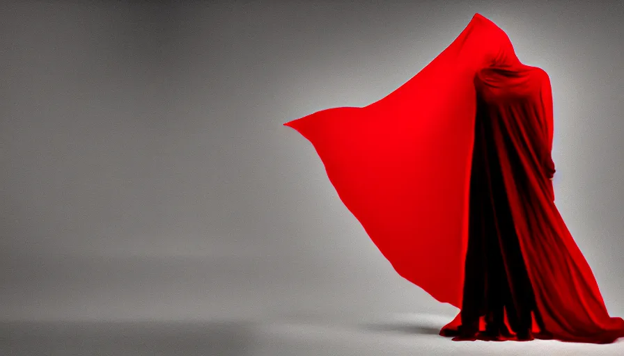 Prompt: fashion photograph of invisible figure wrapped in red sheet in darkness, high contrast, hard light, digital art, rendering, cloth simulation, redshift