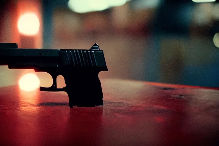 Image similar to film still of closeup pistol taped to the bottom of table, cinematic, moody, gritty neon noir by emmanuel lubezki