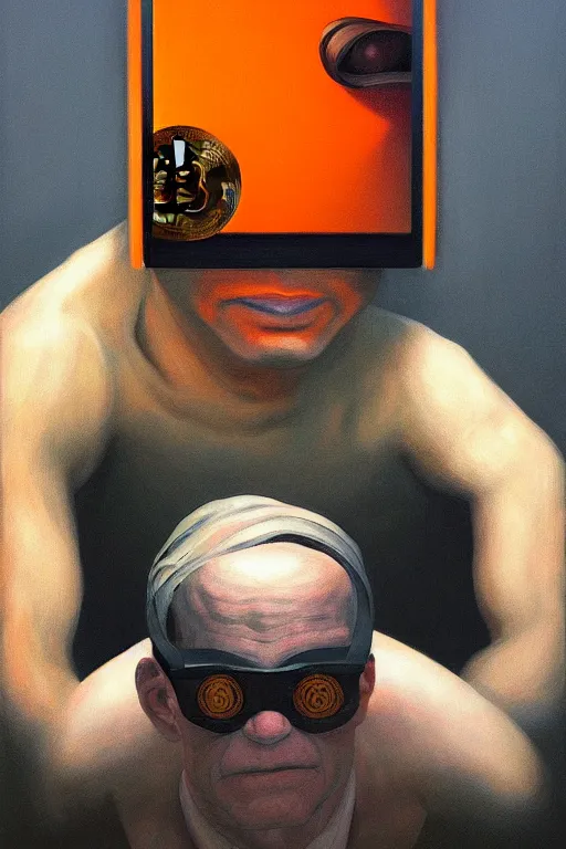 Prompt: sathoshi nakamoto wearing oculus and bitcoin over his head edward hopper and james gilleard, zdzislaw beksisnski, higly detailed