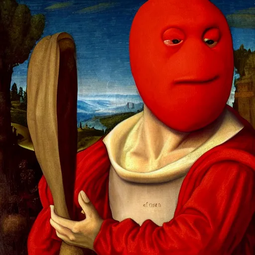 Prompt: Renaissance style painting of Red Guy from Don't Hug Me I'm Scared