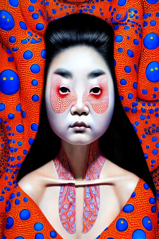 Prompt: realistic detailed image of a geisha in a robe laying down in a padded room, conjuring psychedelic background, part by yayoi kusama, part by alex gray, part by ross tran, part by james jean, ultra realistic, highly detailed, detailed face, detailed hands, detailed body, 8 k, trending on artstation, very cohesive, masterpiece