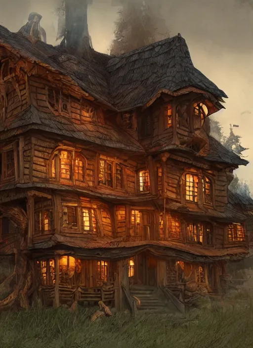 Image similar to a wood carved house on a mystic groove, art style by kim jung gi karl marx greg rutkowski, au naturel, hyper detailed, digital art, trending in artstation, cinematic lighting, studio quality, smooth render, unreal engine 5 rendered, octane rendered