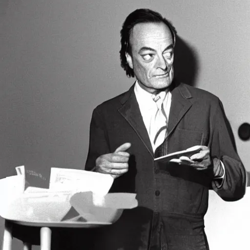 Image similar to Richard Feynman being disappointed by the fact that he bought some shitcoins on some shady cryptocurrency exchange