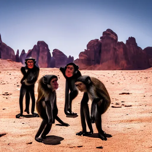 Image similar to Contamporary art photography of group of monkey's that wears suits standing around Obsidian monolith in the desert