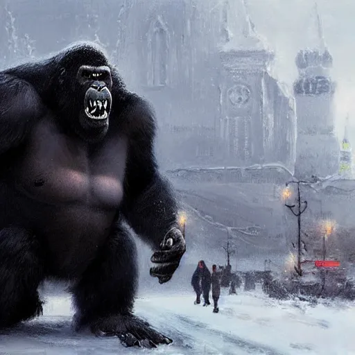 Image similar to angry and aggressive king kong in winter moscow, digital painting, very detailed, art by jakub rozalski and artgerm