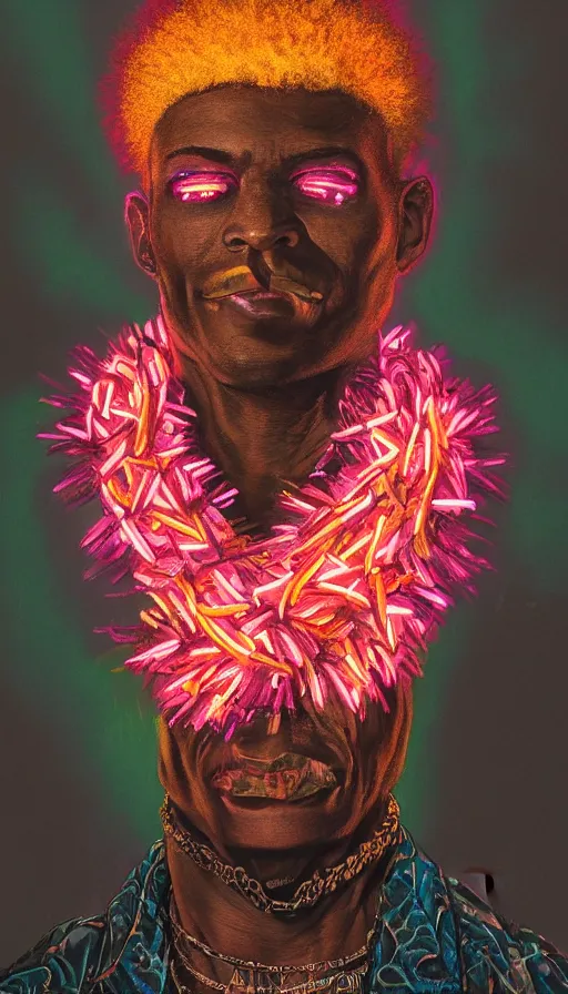 Prompt: detailed full body illustration of an African male with face augmentations, strong neon lighting, Afrofuturism, extravagant feathered collar, by glenn fabry, hyper realistic, HD, oil on canvas