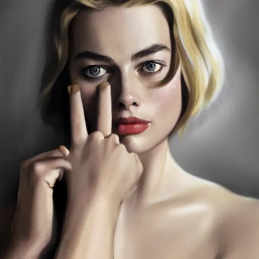 Prompt: Margot Robbie showing her ring on correct female finger in a glove, realistic, digital painting, portrait, elegant, cinematic lighting, mysterious, highly detailed, artstation, concept art, illustration, smooth, sharp focus, editor's pickup, trending on artstation, trending on deviantart, alphonse mucha, WLOP