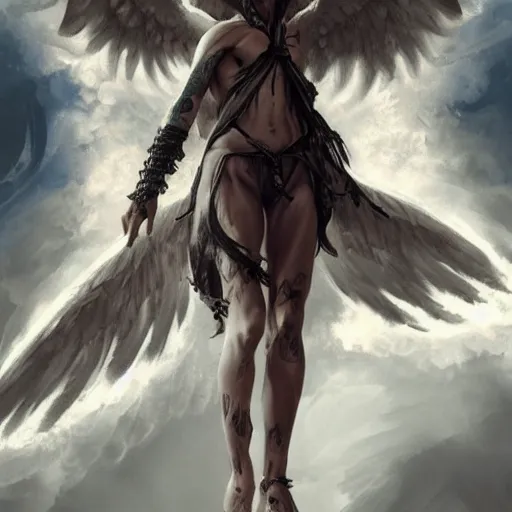 Image similar to very attractive beautiful androgynous fallen angel with shaved head on one side and with tattoos on his body falling through the sky, beautiful, hd, high detailed, 4 k, art by greg rutkowski