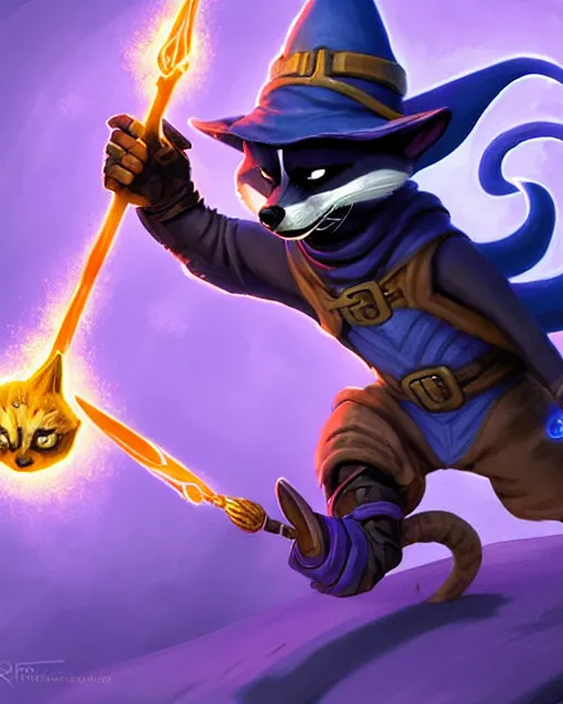 Prompt: closeup, highly detailed digital illustration portrait of hooded necromancer sly cooper rocket the raccoon casting a magical energy sparkling blue glowing spell in an ancient castle, action pose, d & d, magic the gathering, by rhads, frank frazetta, lois van baarle, jean - baptiste monge, disney, pixar,