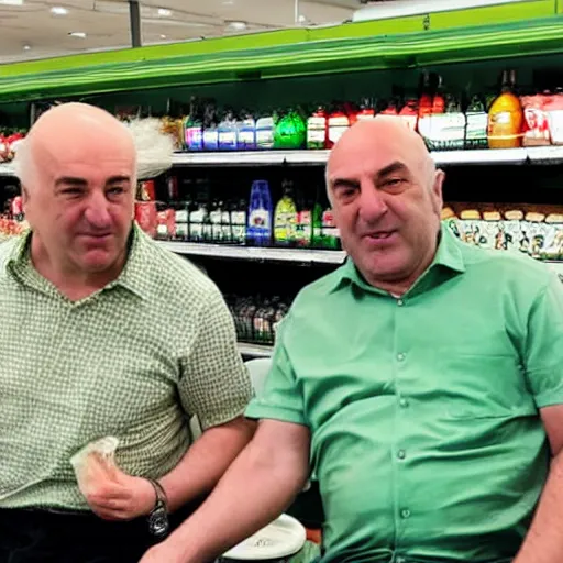 Image similar to mid white hair old man with green shirt and white short, sitting in simpson supermarket with kevin o'leary