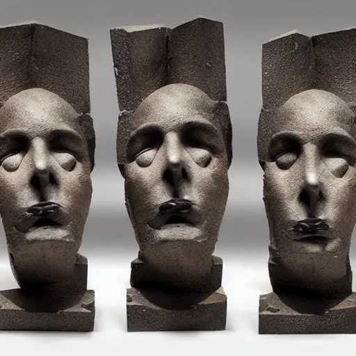 Image similar to surrealism sculpture by enrico ferrarini, multiple faces of the double shadow, meaning ferocious and split.