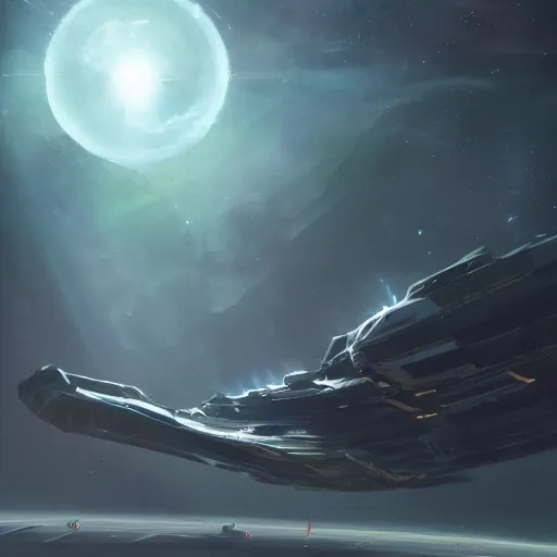 Image similar to concept art of a large space vessel in the shape of an spear flying through the space, scifi, beautiful ilumination, artstation hq