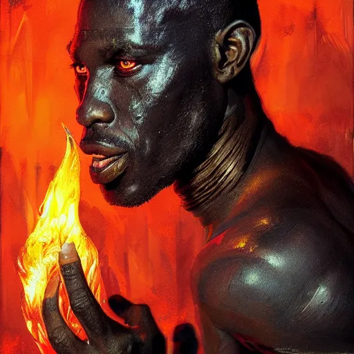 Prompt: shaka zulu as a cybperpunk gangster, eating fire in the neon ghetto, by greg rutkowski and android jones in a surreal portrait style, oil on canvas, 8k