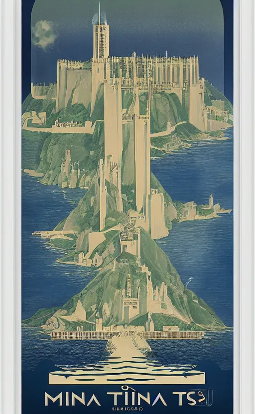 Image similar to art deco travel poster of minas tirith, framed poster