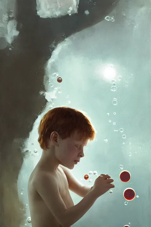 Image similar to a little boy with ginger hair chasing bubbles. clean elegant painting, beautiful detailed face, lots of bubbles. by greg rutkowski and raymond swanland