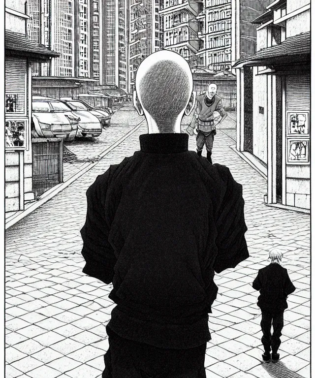 Image similar to A manga cover about a shaved-headed solo gopnik standing on the sidewalk. Sharp high quality manga cover, fine details, straight lines, architecture in the background, masterpiece, art, highly detailed drawing by Hirohiko Araki, Akatsuki Akira, Kentaro Miura