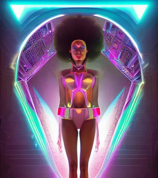 Image similar to symmetry!! egyptian princess of technology, solid cube of light, hard edges, product render retro - futuristic poster scifi, lasers and neon circuits, beautiful brown skin woman egyptian princess, intricate, elegant, highly detailed, digital painting, artstation, concept art, smooth, sharp focus, illustration, dreamlike, art by artgerm