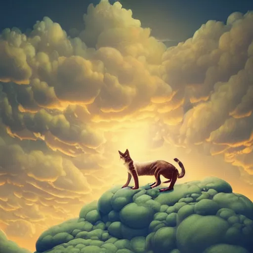 Image similar to puma puffy clouds, james jean style, vfx art, unreal engine render, claymation style, colourful, volumetric light, digital painting, digital illustration, dramatic light,