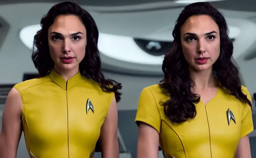 Image similar to Gal Gadot, wearing a yellow uniform, is the captain of the starship Enterprise in the new Star Trek movie