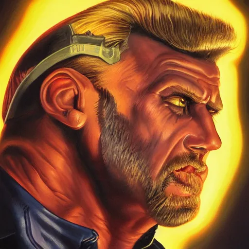 Prompt: portrait painting of duke nukem, art by larry elmore, 4 k,, highly detailed, epic lighting