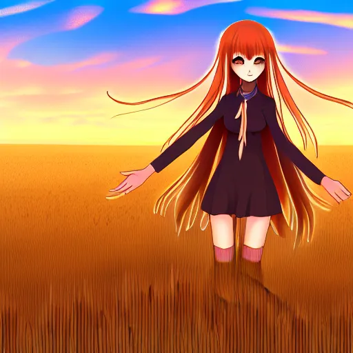 Image similar to digital illustration of Holo from Spice and Wolf standing in a wheat field at sunset, Holo is a wolf girl, high detail, trending on pixiv