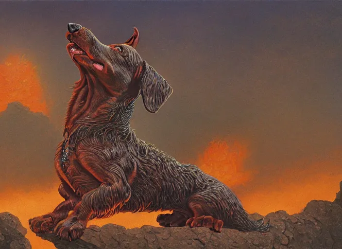 Image similar to Highly detailed oil painting of a dachshund balrog, intricate artwork by Angus McBride, John Howe, Matthew Stewart, Ted Nasmith, heroic fantasy