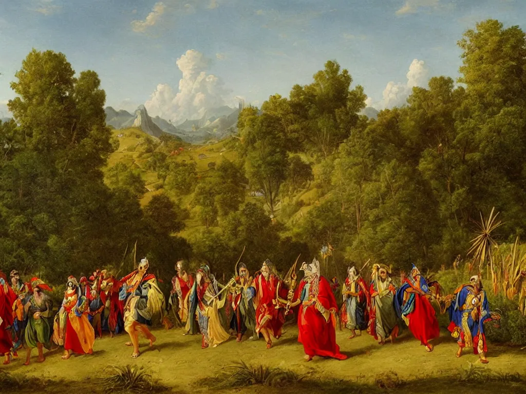 Prompt: an aztec sorceror in ornate robes leads a procession through a field of corn, fantasy landscape art by asher brown durand