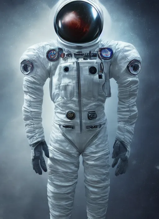 Image similar to symmetry concept art by craig mullins astronaut in futuristic dark and empty spaceship underwater. infrared glowing lights. complex and hyperdetailed technical suit. reflection and dispersion materials. rays and dispersion of light. volumetric light. 5 0 mm, f / 3 2. noise film photo. flash photography. unreal engine 4, octane render. interstellar movie art