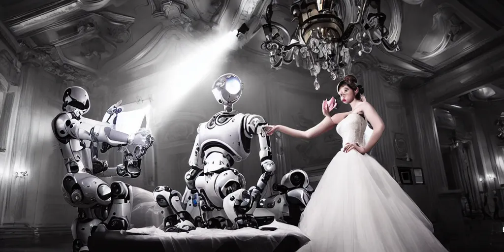 Prompt: two robots wedding, cinema, scene, romantic, elegant, sofe light, cinematography lighting, still photo