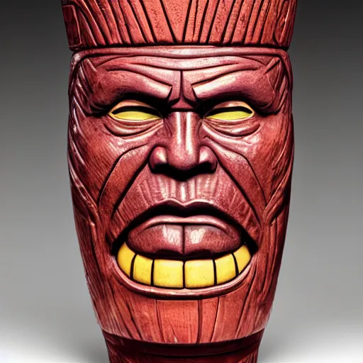 Image similar to a closeup photorealistic photograph of a glossy thanos style tiki mug sitting at a trader vic's bar featuring the face of thanos. tiki party. bright scene. fine detail. this 4 k hd image is trending on artstation, featured on behance, well - rendered, extra crisp, features intricate detail, epic composition and the style of unreal engine.