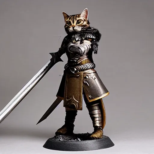 Image similar to quarter length vogue fashion photo portrait of a dark tabby tabaxi paladin, halberd, plate armor, d & d