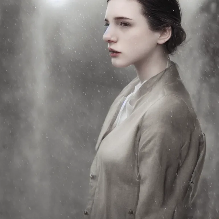 Image similar to cute emily from dishonored in a white room, beautiful face, pale skin, rule of thirds, cinematic lighting, rainy weather, melancholy atmosphere, sharp focus, backlit, stunning, model agency, smooth, hard focus, full body shot, instagram photo, shot on iphone 1 3 pro max, hyper realistic, cinematic