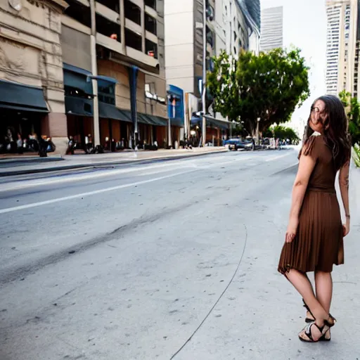 Image similar to photo of a beautiful, attractive brown hair woman, wearing a sundress, in downtown Los Angeles