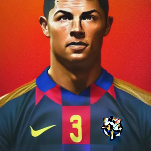 Image similar to christiano ronaldo, 3 d character art, wearing a barcelona jersey, symmetrical facial features, from arknights, hyper realistic, 4 k, rule of thirds, extreme detail, detailed drawing, trending artstation, realistic lighting, by alphonse mucha, greg rutkowski, short neck