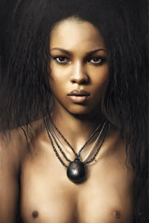 Prompt: breathtaking detailed soft painting of a sexy black girl in leather, with long hair and piercing eyes, in a moody medieval castle, symmetrical realistic facial features, rembrandt style, elegant, highly detailed, artstation, concept art, matte, sharp focus, art by tom bagshaw, kelogsloops and greg rutkowski