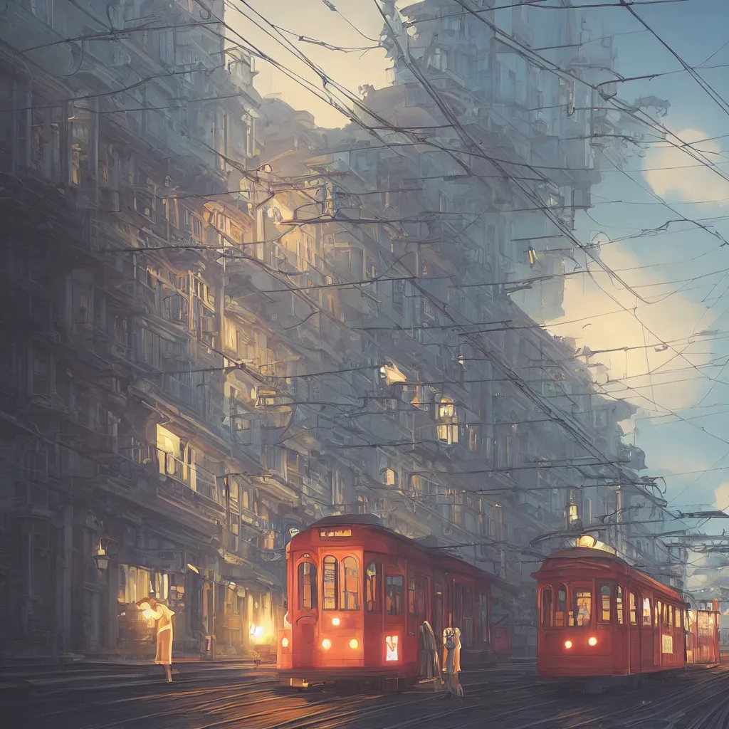 Image similar to a streetcar is running on the maple leaf sea, unreal engine, fantasy art by greg, loish, rhads, ferdinand knab, makoto shinkai and lois van baarle, ilya kuvshinov, rossdraws, tom bagshaw, night lighting, trending onstudio ghibli, highly detailed, octane render, 8 k