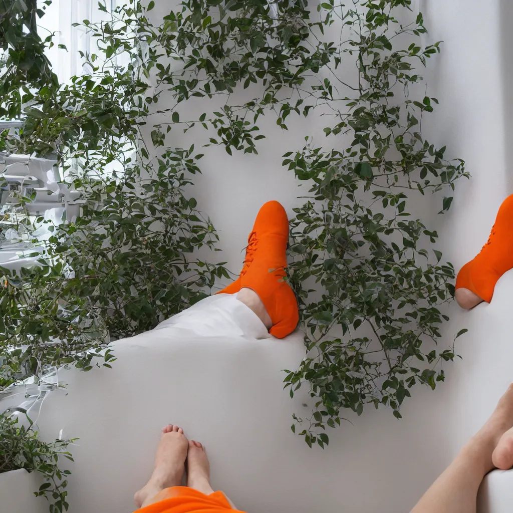Image similar to close - up on an air - conditioning with a blurred background of the feet of a teenager lying in a bed in a white room and a window overlooking a garden of orange trees, blurred, depth of field, unframed, by gerhard richter and nadav kander, 8 k hyper realistic detailed cinematic still
